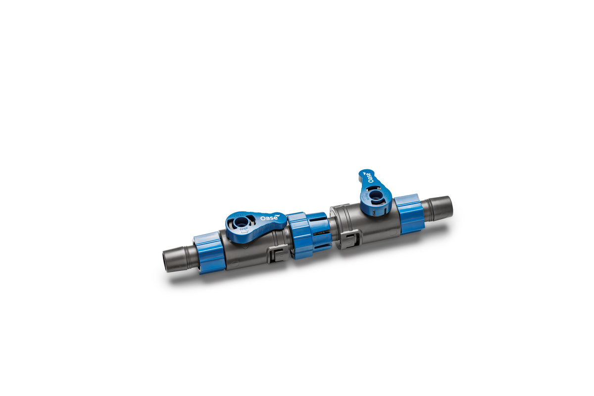 Rubinetto doppio ShutOff Valve Oase 16/22 mm per acquari, in plastica blu con manopole nere Rubinetto doppio ShutOff Valve Oase 16/22 mm per acquari, in plastica blu con manopole nere